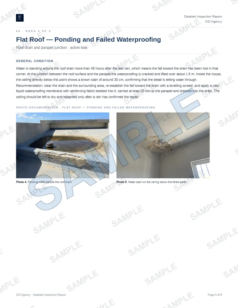 Sample page of a house inspection report: flat roof ponding with photos