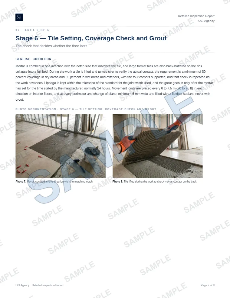 Sample page of a work procedure report: tile setting and coverage check with photos