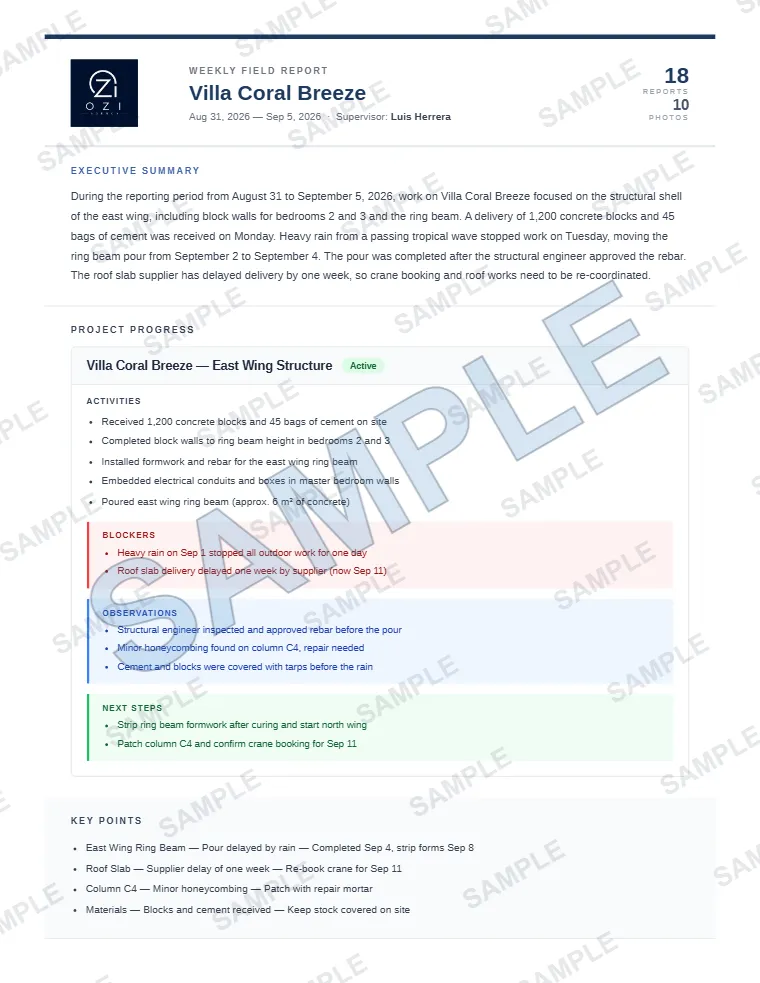 Sample page of a weekly field report: executive summary, progress, blockers, observations and next steps