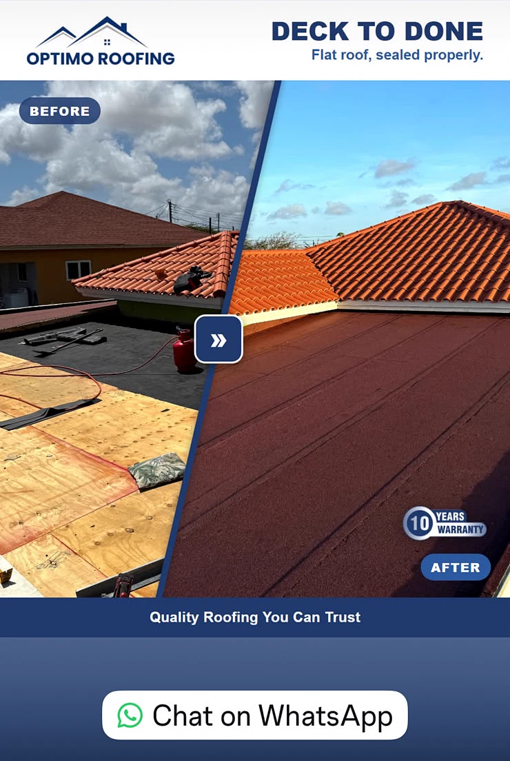 Optimo Roofing ad: Deck to done — a flat roof before and after, sealed properly