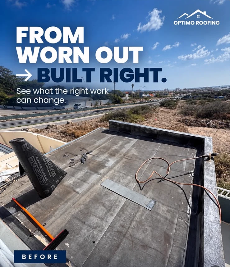 Optimo Roofing ad: From worn out to built right — the roof before the work