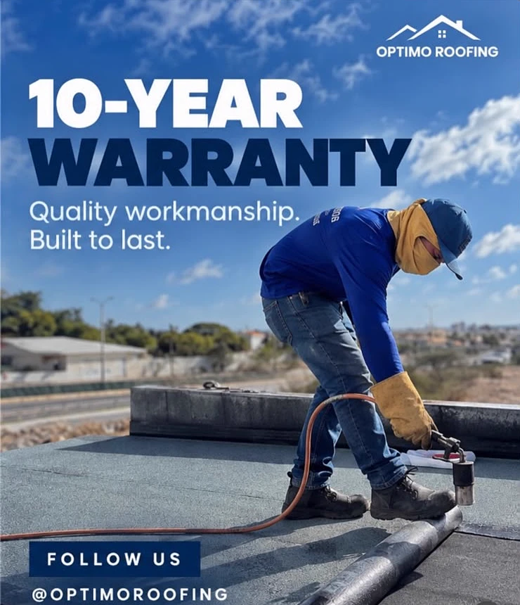 Optimo Roofing ad: 10-year warranty, a roofer torching on the membrane