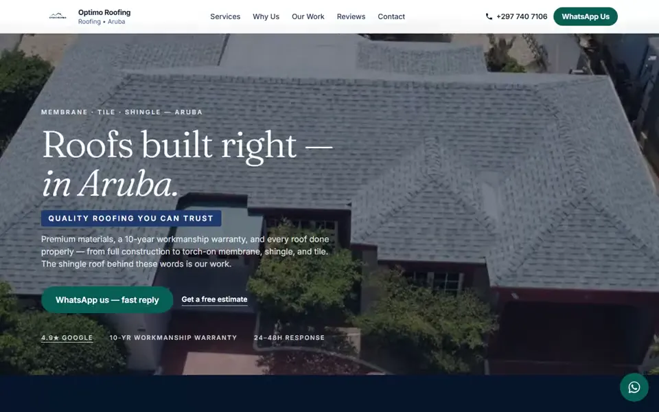 The Optimo Roofing website, built by Ozi